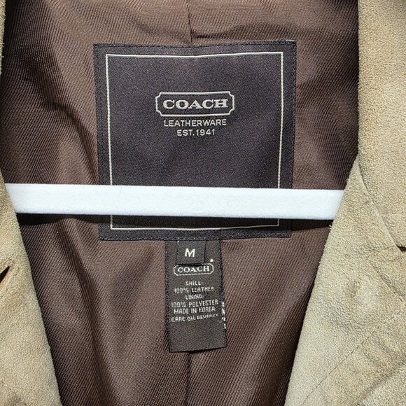 Coach Jacket Womens Medium Beige Suede Leather Button Front Lined Coat Pockets - Picture 10 of 16